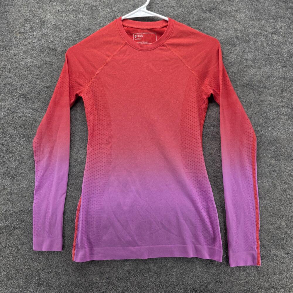 FIGS T-Shirt Womens XXS Red Ombre Crew Neck Long Sleeve Seamless Stretch